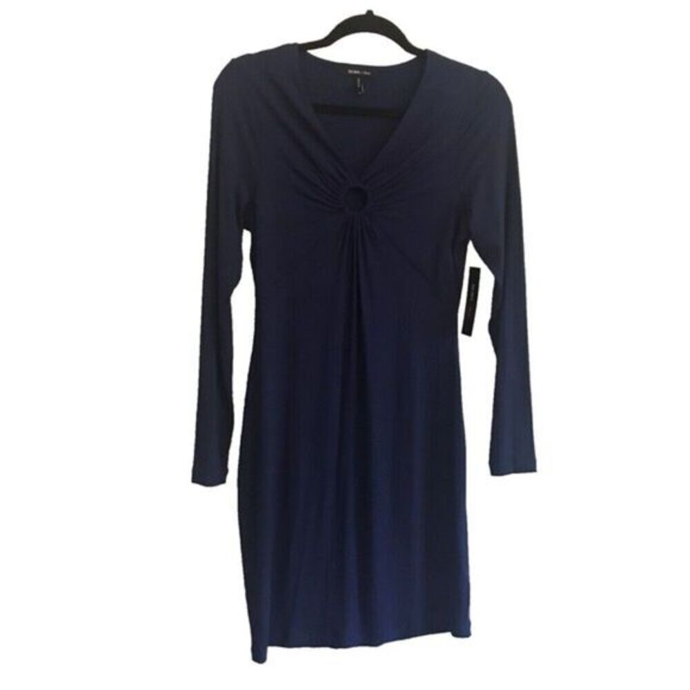 BCBG Women's Long Sleeve Ruched Dark Blue Dress with O-Ring at Bust-Line Size XS